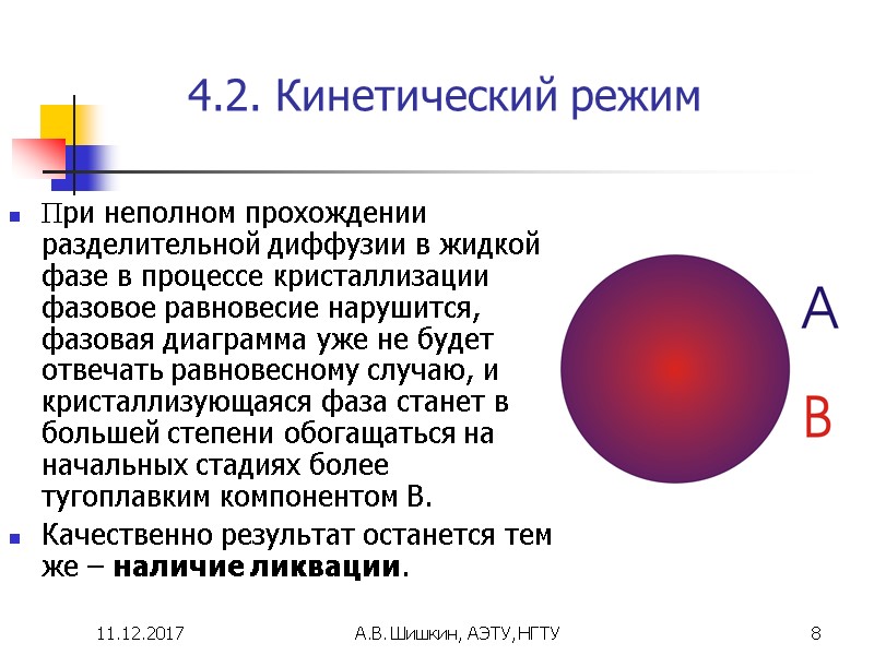 11.12.2017 А.В. Шишкин, АЭТУ, НГТУ 8 4.2. Кинетический режим При неполном прохождении разделительной диффузии